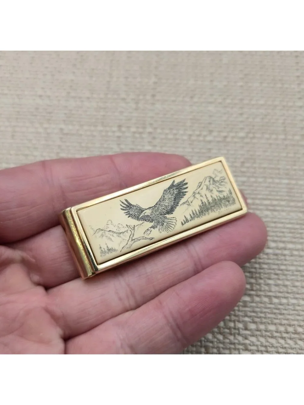 Vintage Gold Tone Scrimshaw Eagle Mountain Scene Minimalist Men's Money Clip B14
